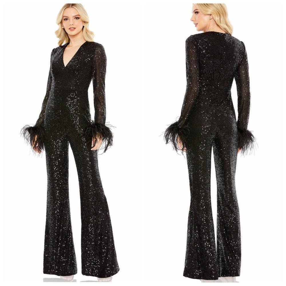 Ieena for Mac Duggal Jumpsuit Women XS Black New Sequin Feather Wide Leg 11581